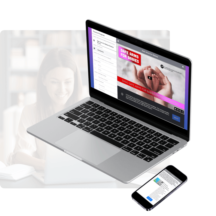 Background image of a women typing on a laptop. Foreground image of a laptop and smartphone displaying the Family Health Systems Learning Management System. 